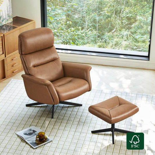 Swivel Reclining Chair & Ottoman in Genuine Leather