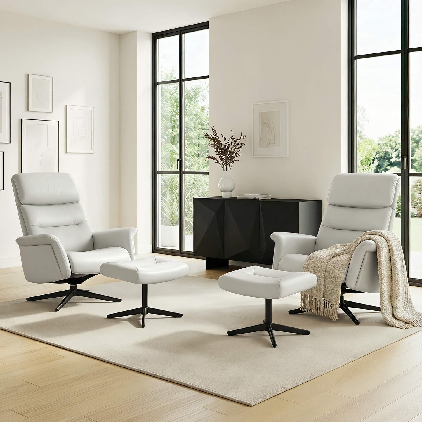 Swivel Reclining Chair & Ottoman in Genuine Leather