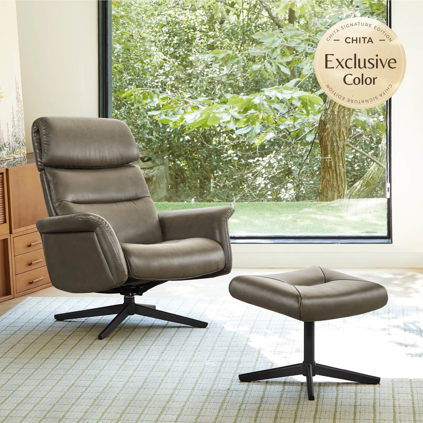 Swivel Reclining Chair & Ottoman in Genuine Leather