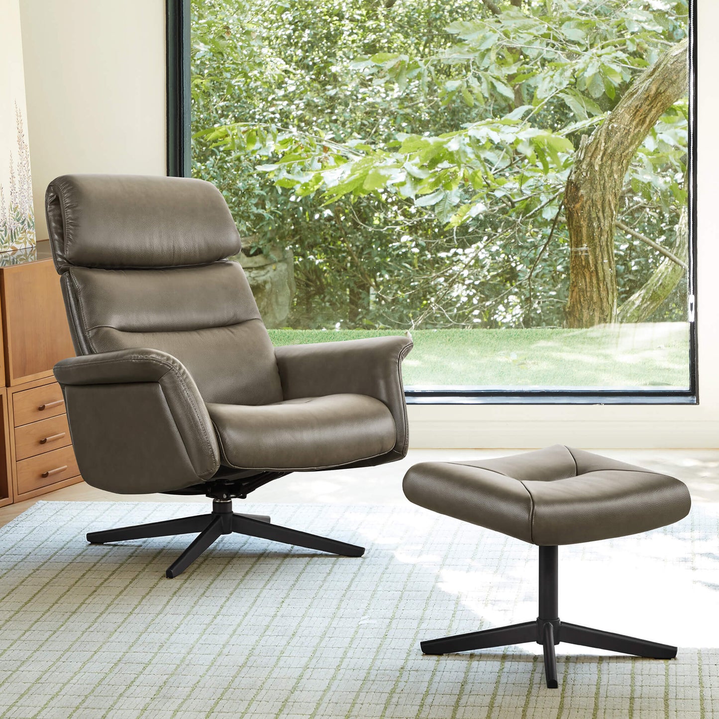 Swivel Reclining Chair & Ottoman in Genuine Leather