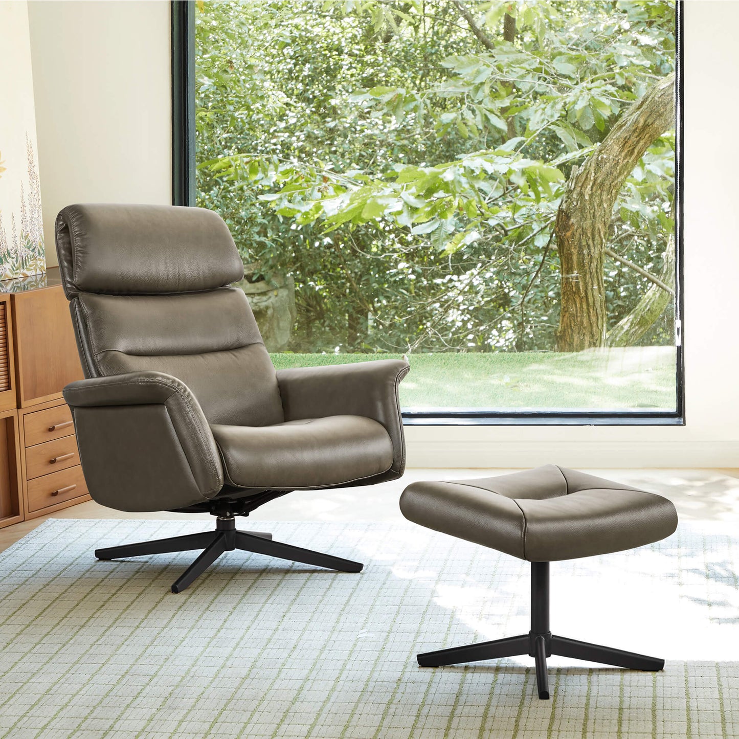 Swivel Reclining Chair & Ottoman in Genuine Leather