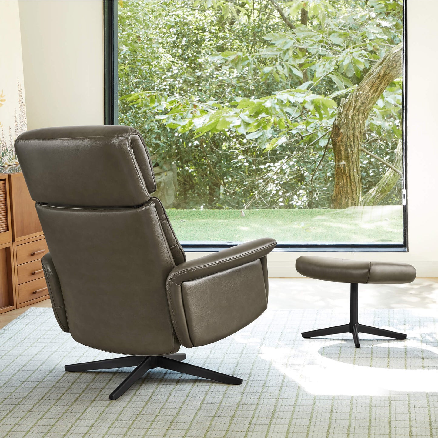 Swivel Reclining Chair & Ottoman in Genuine Leather