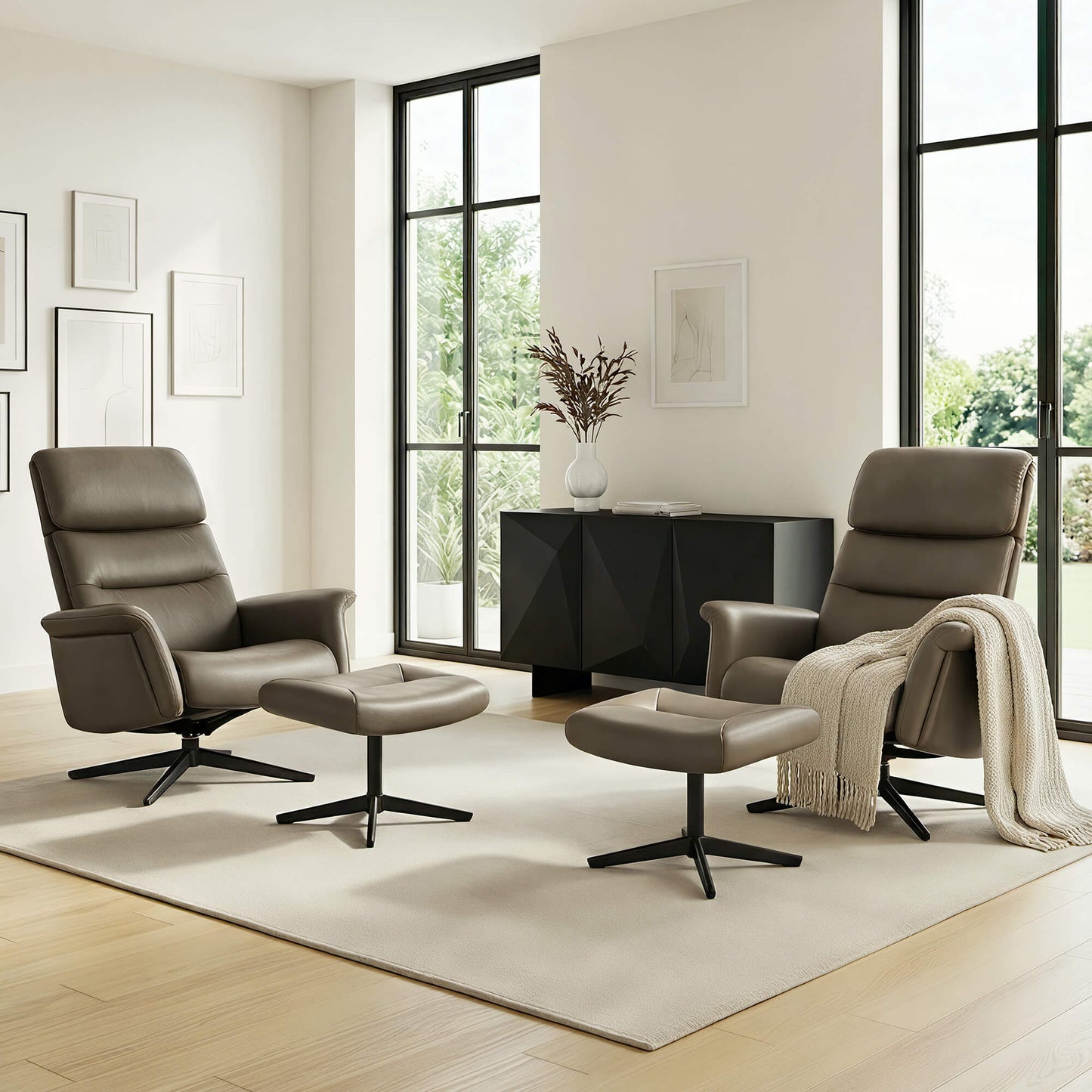 Swivel Reclining Chair & Ottoman in Genuine Leather