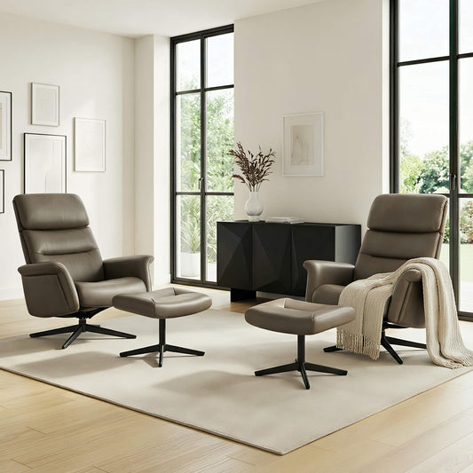 Swivel Reclining Chair & Ottoman in Genuine Leather