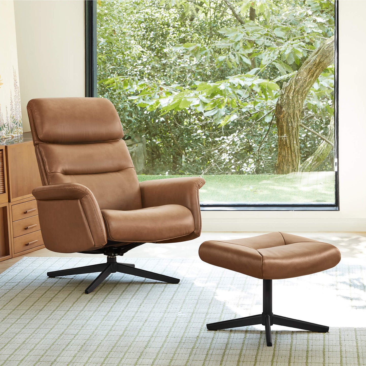 Swivel Reclining Chair & Ottoman in Genuine Leather