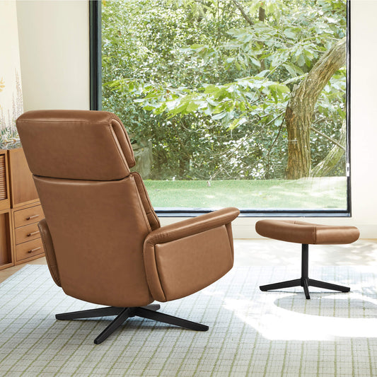 Swivel Reclining Chair & Ottoman in Genuine Leather
