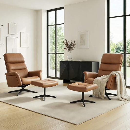 Swivel Reclining Chair & Ottoman in Genuine Leather