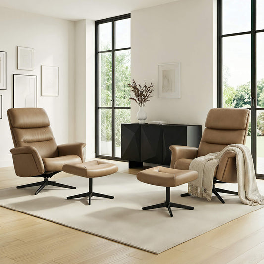Swivel Reclining Chair & Ottoman in Genuine Leather