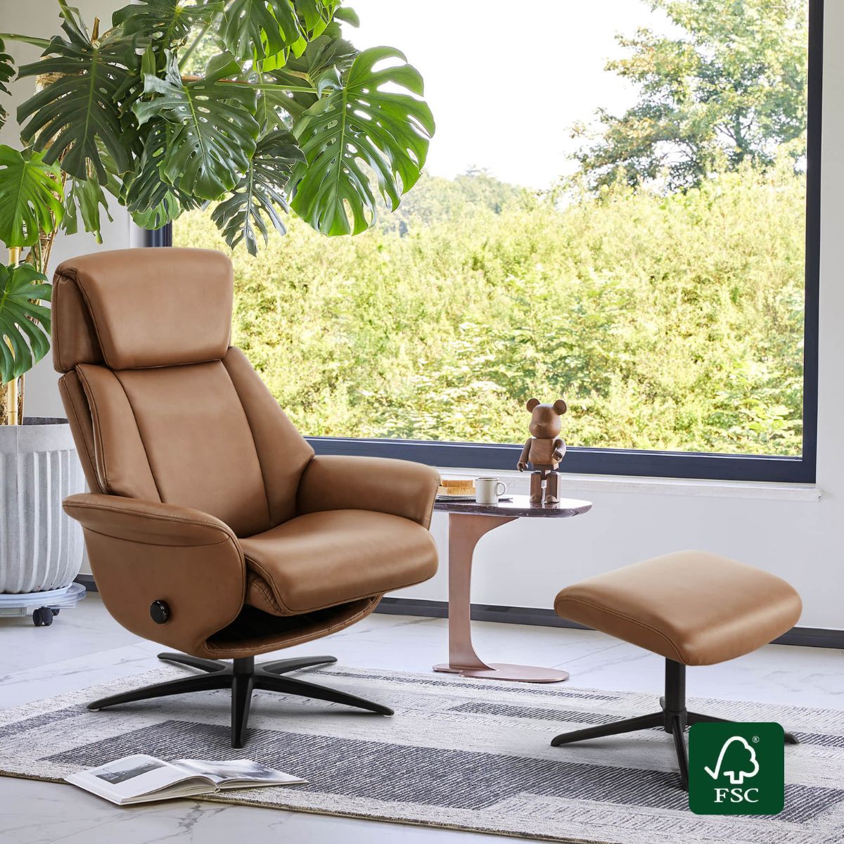 Swivel Reclining Chair with Ottoman in Genuine Leather