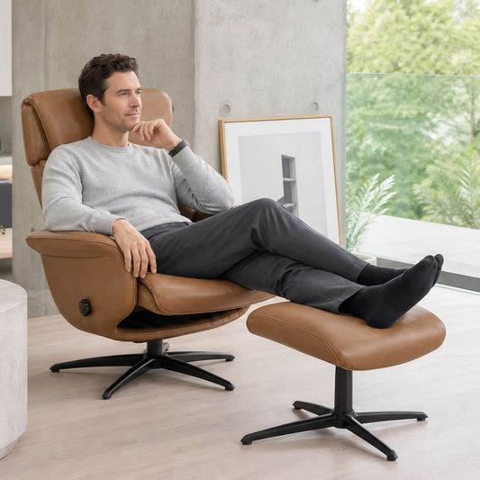 Swivel Reclining Chair with Ottoman in Genuine Leather