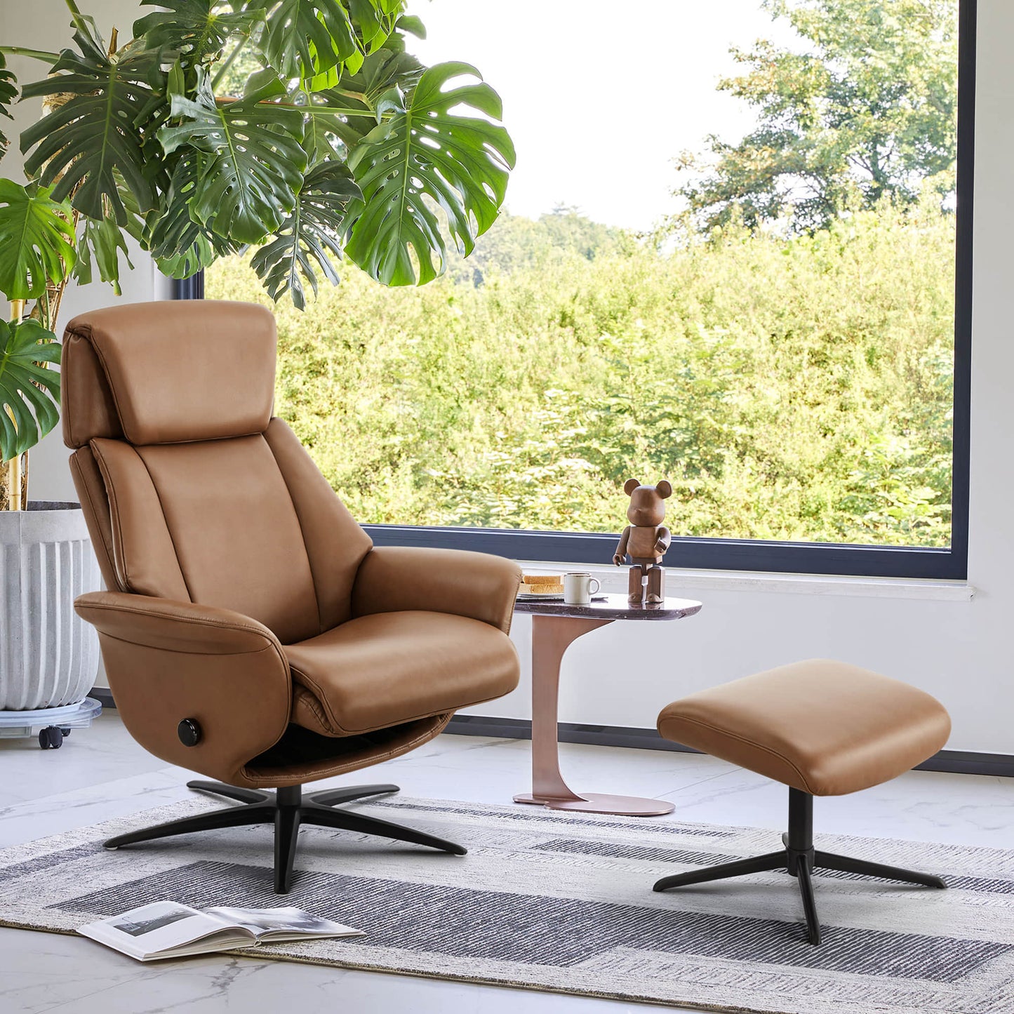 Swivel Reclining Chair with Ottoman in Genuine Leather