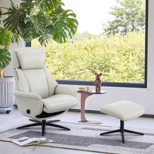 Swivel Reclining Chair with Ottoman in Genuine Leather