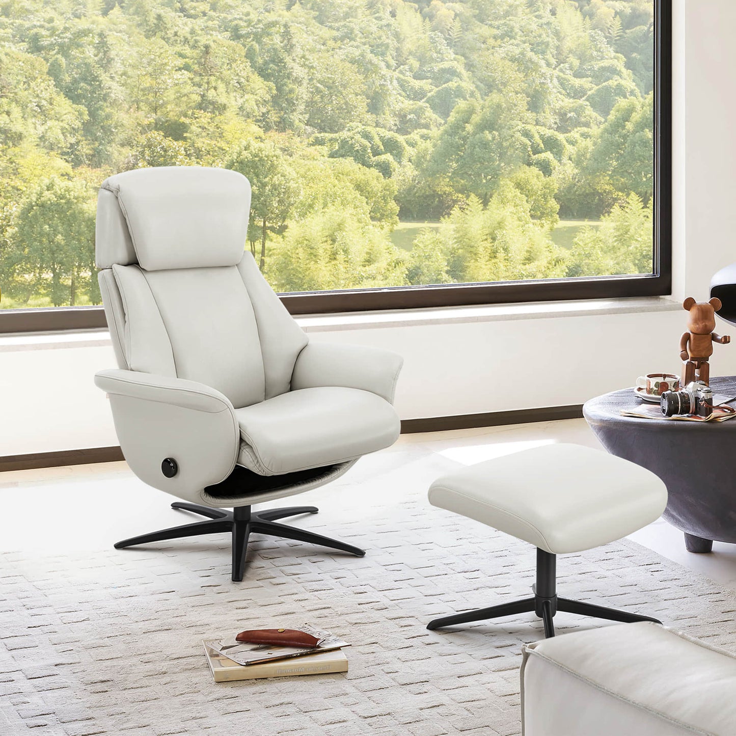 Swivel Reclining Chair with Ottoman in Genuine Leather