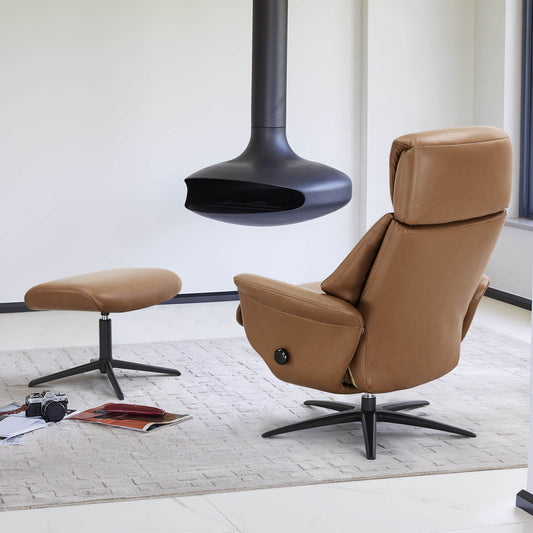 Swivel Reclining Chair with Ottoman in Genuine Leather