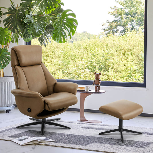 Swivel Reclining Chair with Ottoman in Genuine Leather