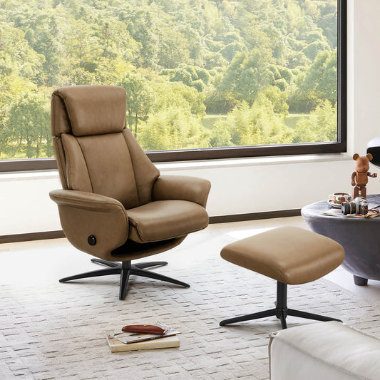 Swivel Reclining Chair with Ottoman in Genuine Leather