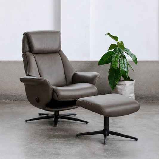 Swivel Reclining Chair with Ottoman in Genuine Leather