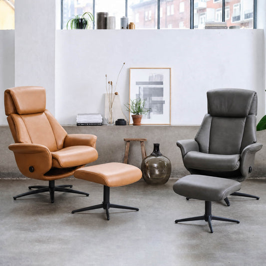 Swivel Reclining Chair with Ottoman in Genuine Leather