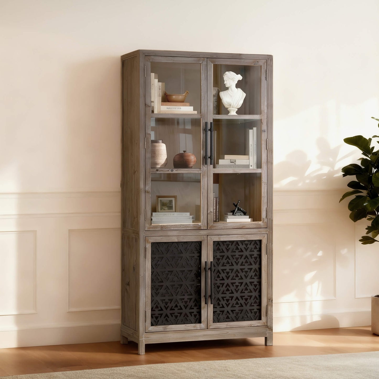 Tall Display Cabinet in Fir with Farmhouse Design
