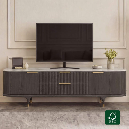 TV Stand with Sintered Stone and Oak Finish, 79 Inches