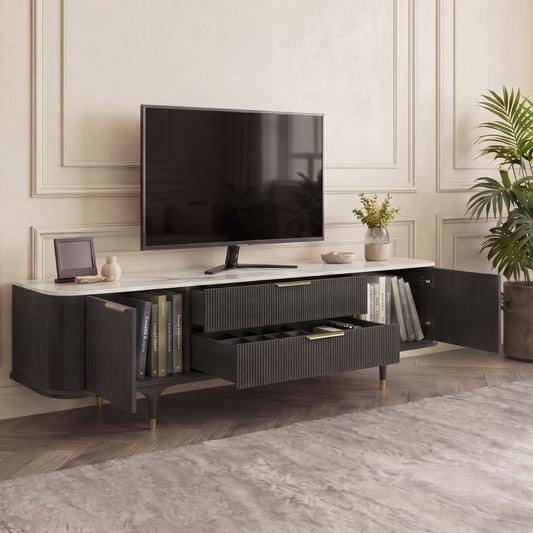 TV Stand with Sintered Stone and Oak Finish, 79 Inches