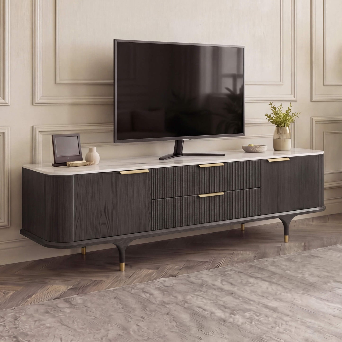 TV Stand with Sintered Stone and Oak Finish, 79 Inches
