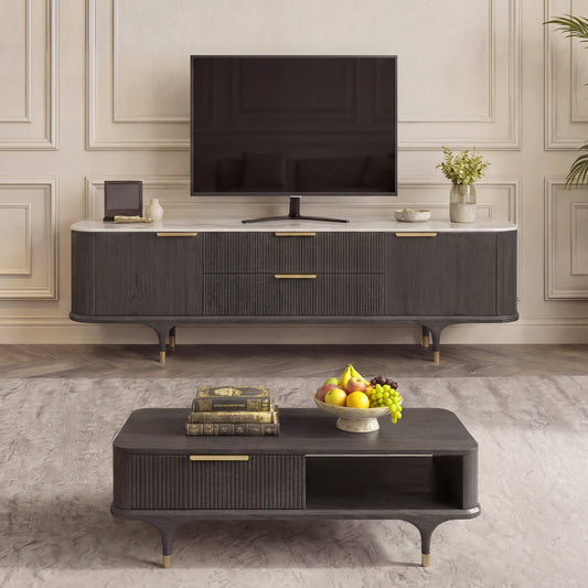 TV Stand with Sintered Stone and Oak Finish, 79 Inches