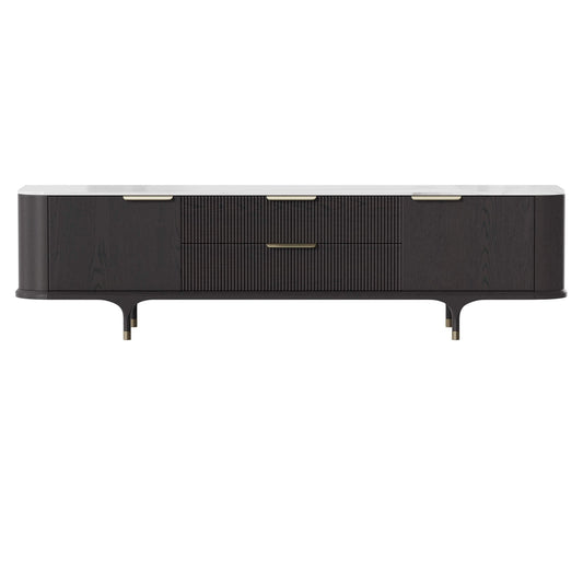 TV Stand with Sintered Stone and Oak Finish, 79 Inches