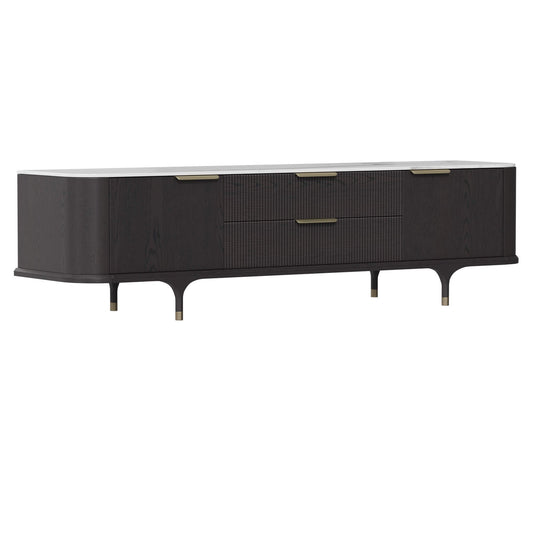 TV Stand with Sintered Stone and Oak Finish, 79 Inches