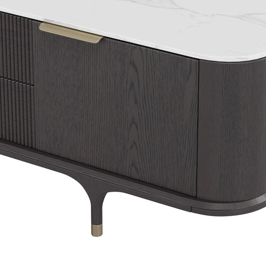 TV Stand with Sintered Stone and Oak Finish, 79 Inches