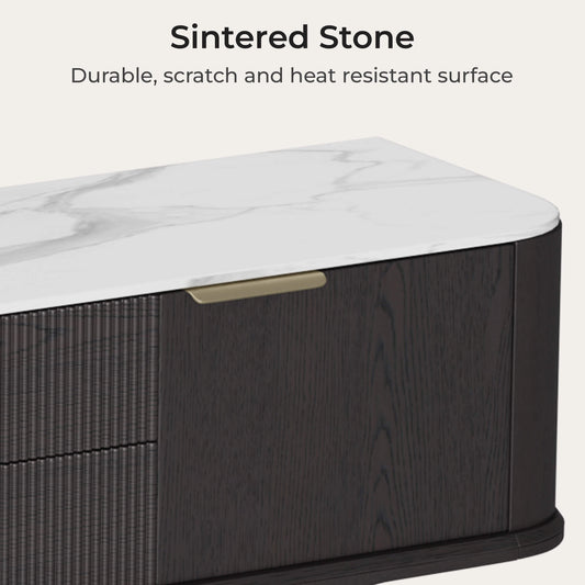 TV Stand with Sintered Stone and Oak Finish, 79 Inches