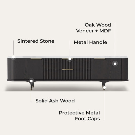TV Stand with Sintered Stone and Oak Finish, 79 Inches