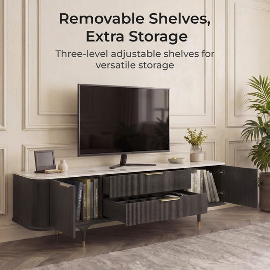 TV Stand with Sintered Stone and Oak Finish, 79 Inches