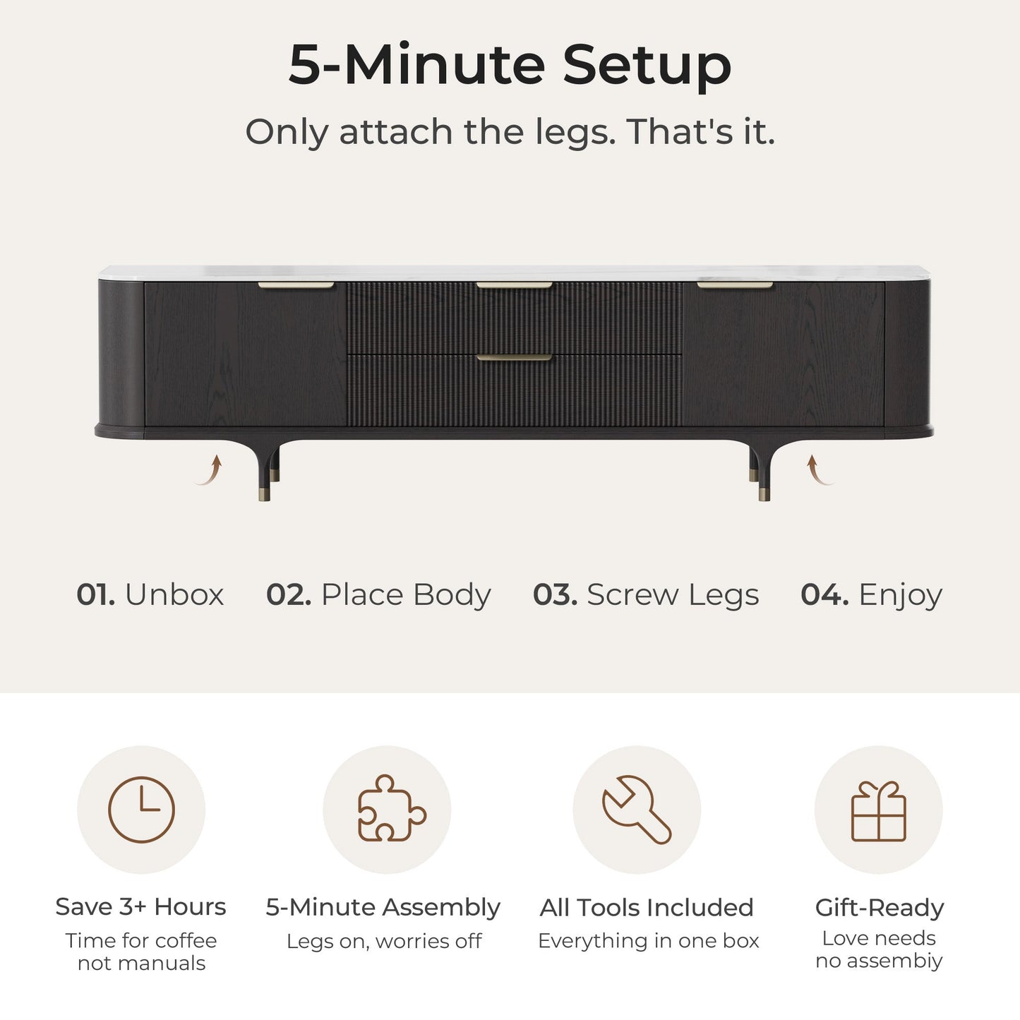 TV Stand with Sintered Stone and Oak Finish, 79 Inches