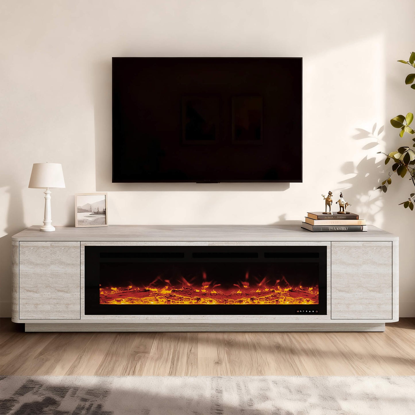 TV Stand with Travertine Finish and Electric Fireplace