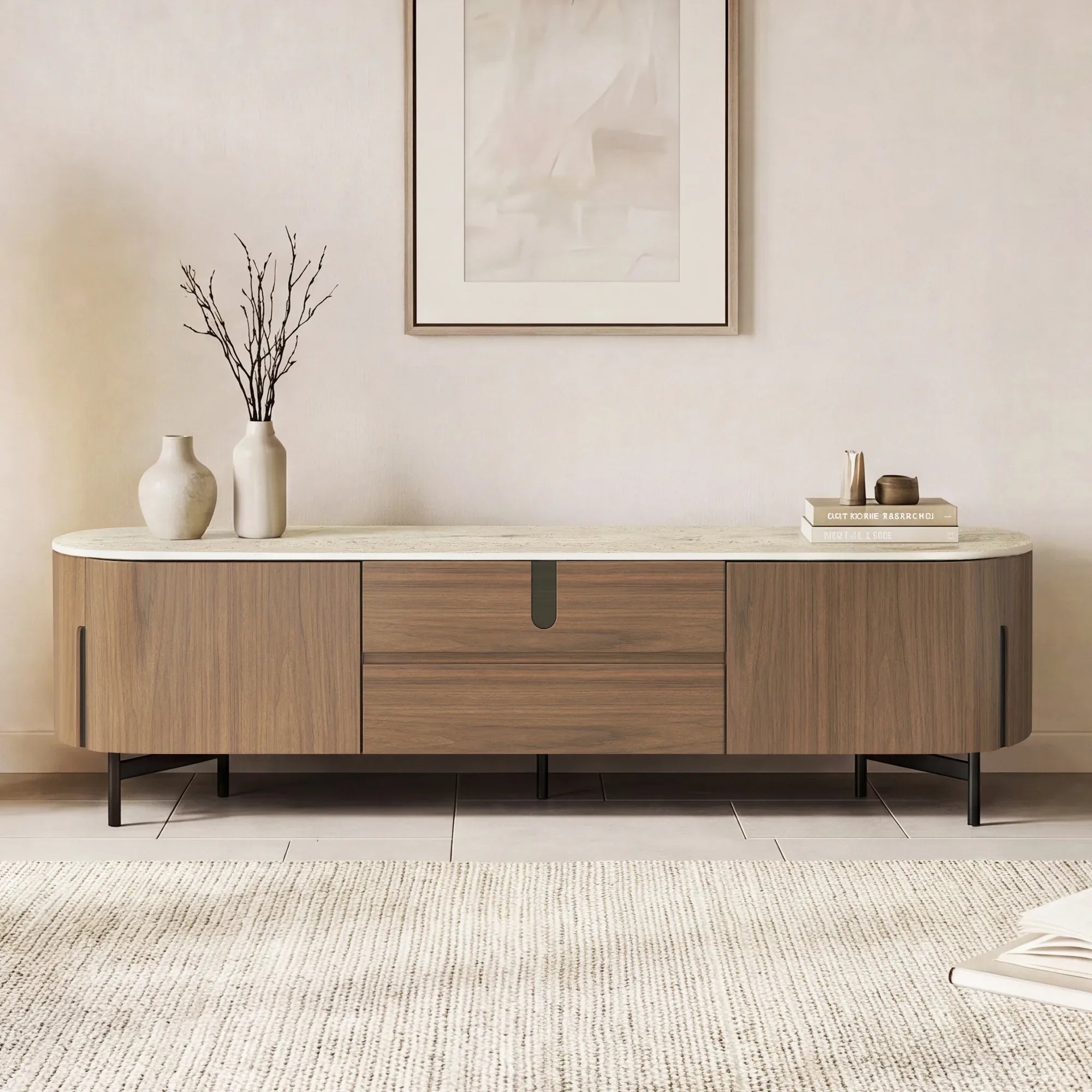 TV Stand with Travertine Top and 79-Inch Width