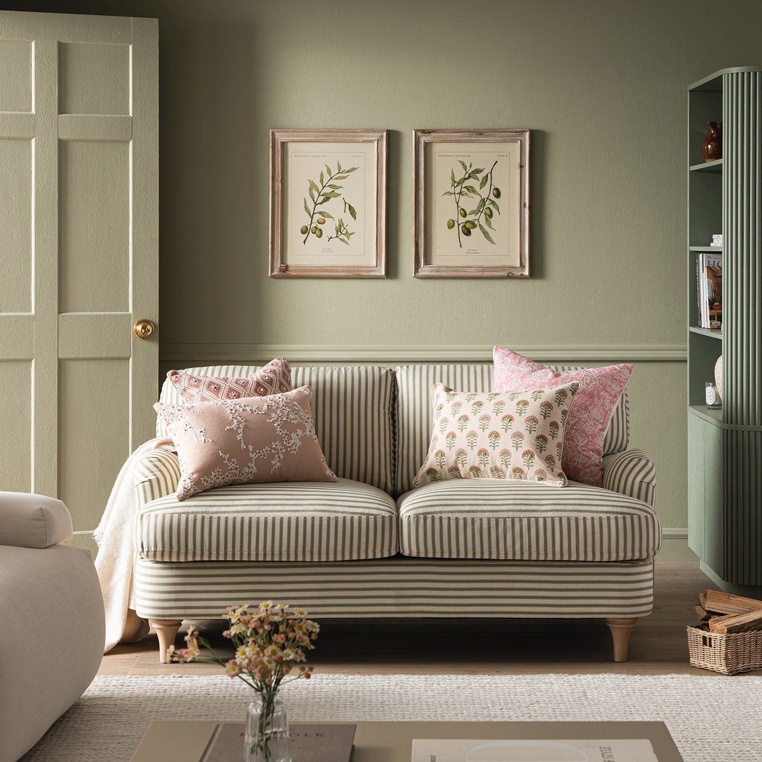 Two-Seater Sofa in Green Striped Linen Blend