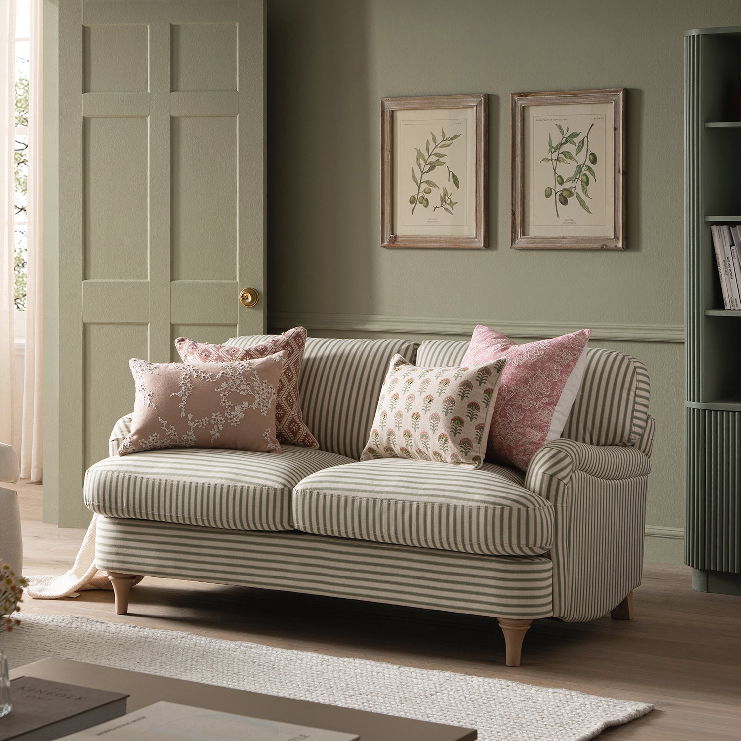 Two-Seater Sofa in Green Striped Linen Blend