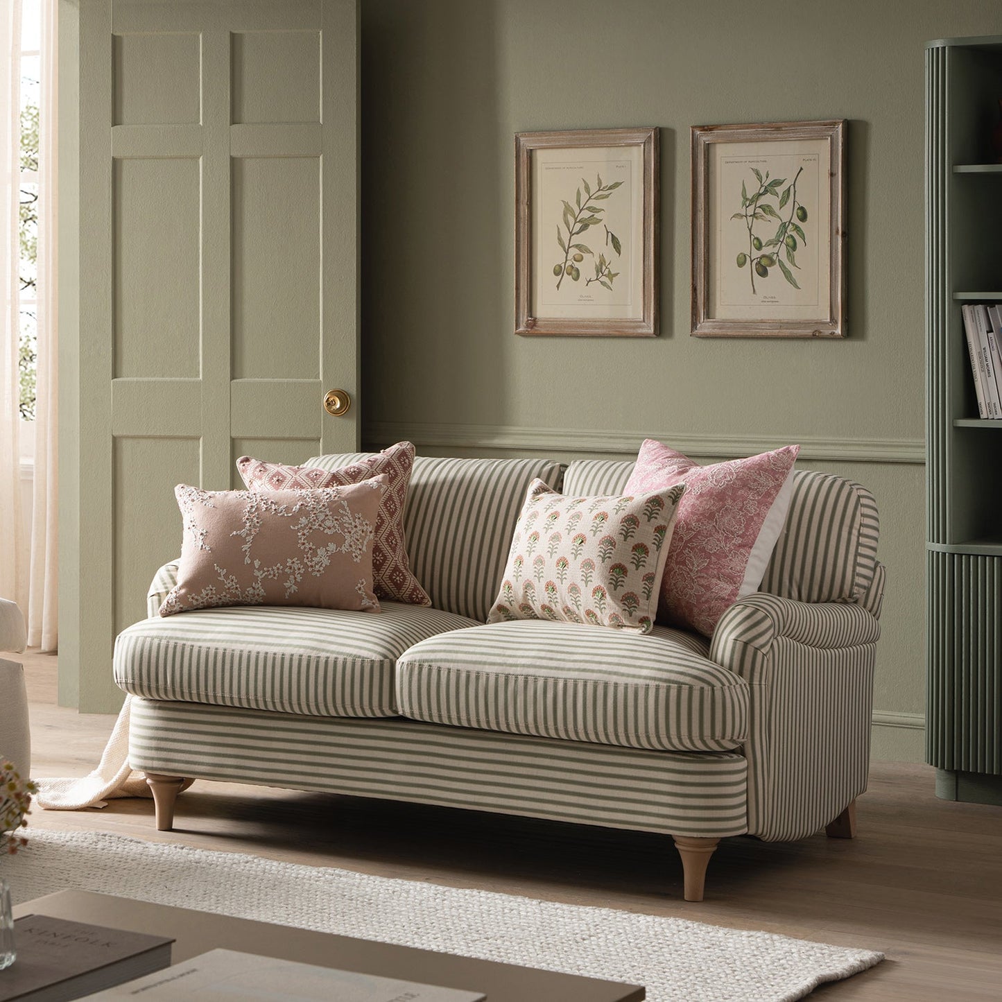 Two-Seater Sofa in Green Striped Linen Blend