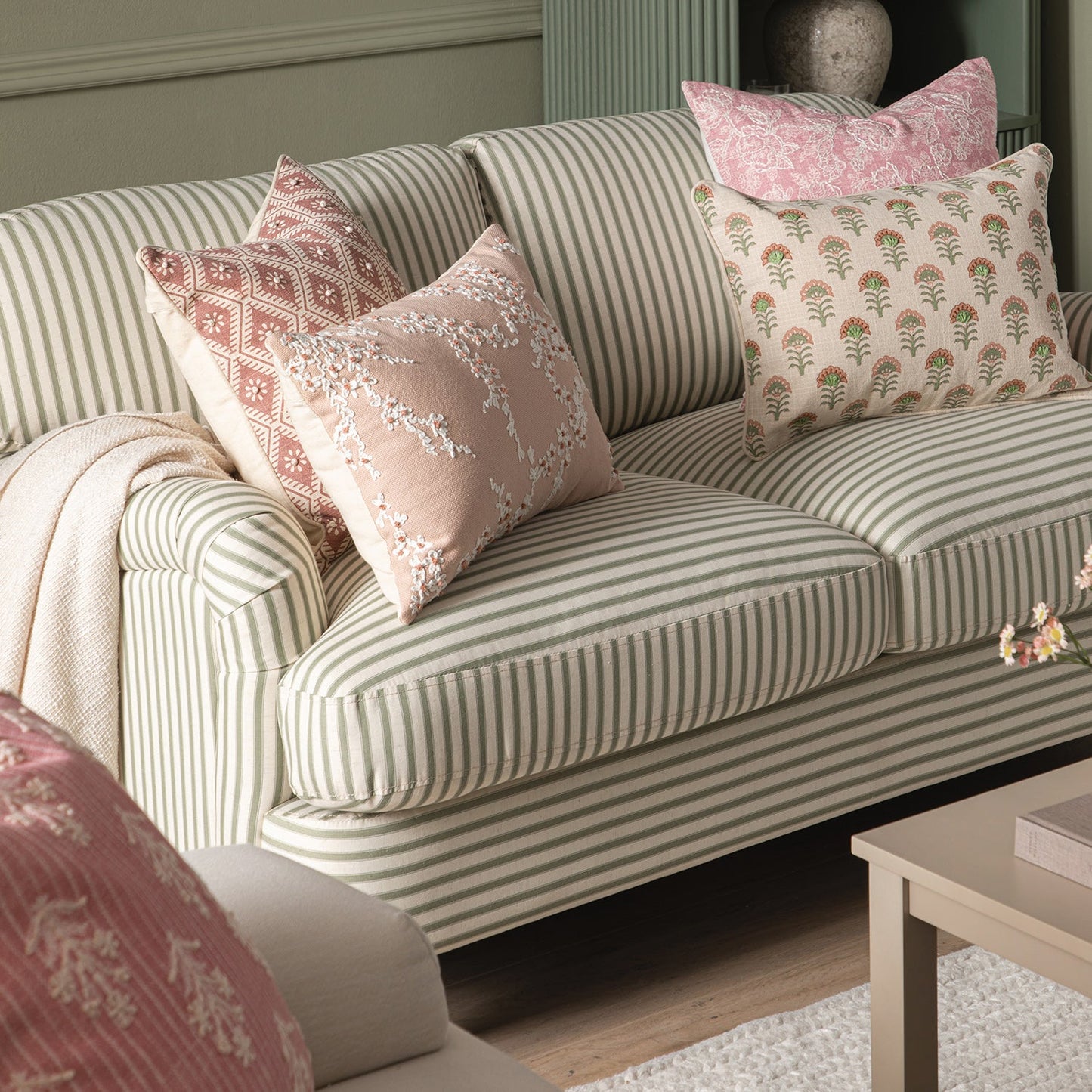 Two-Seater Sofa in Green Striped Linen Blend
