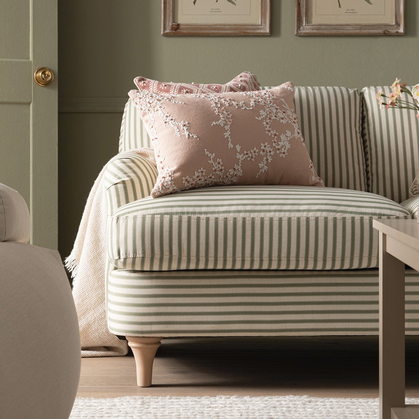Two-Seater Sofa in Green Striped Linen Blend