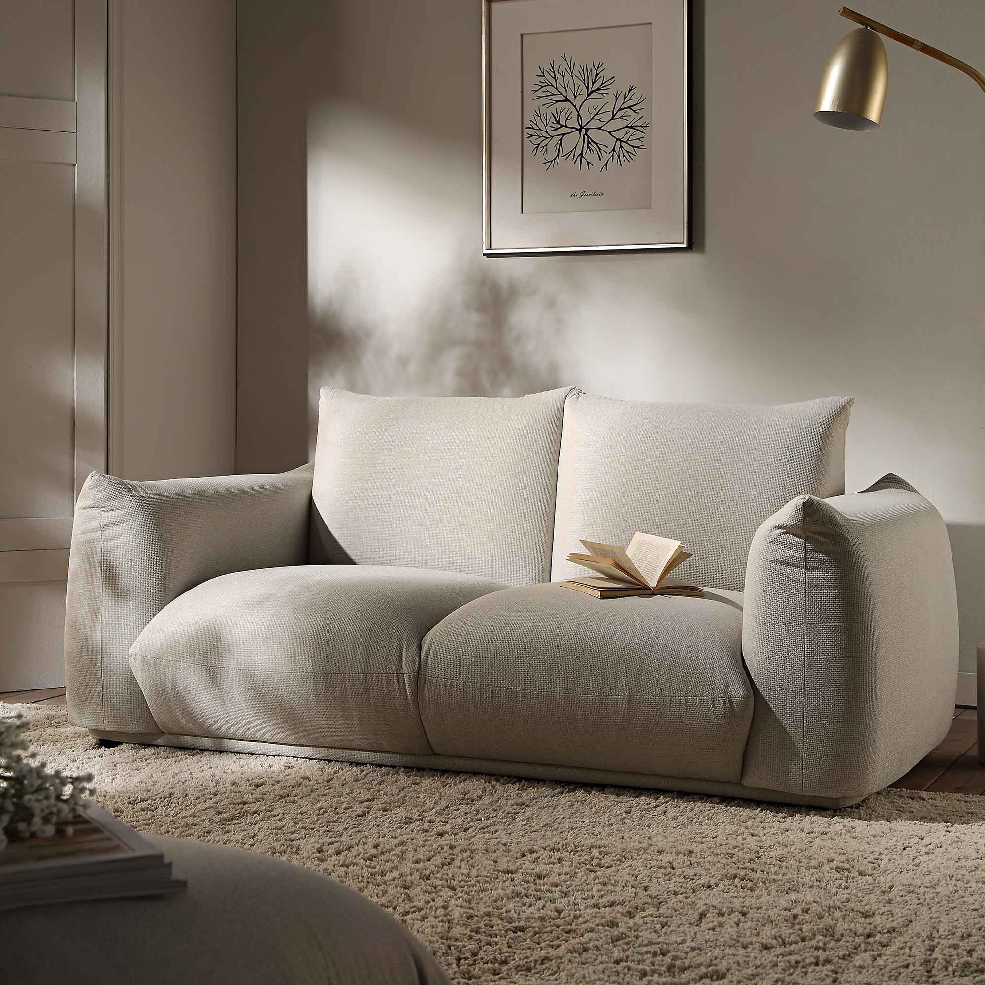 Two Seater Sofa in Beige Woven Fabric with Clean Lines