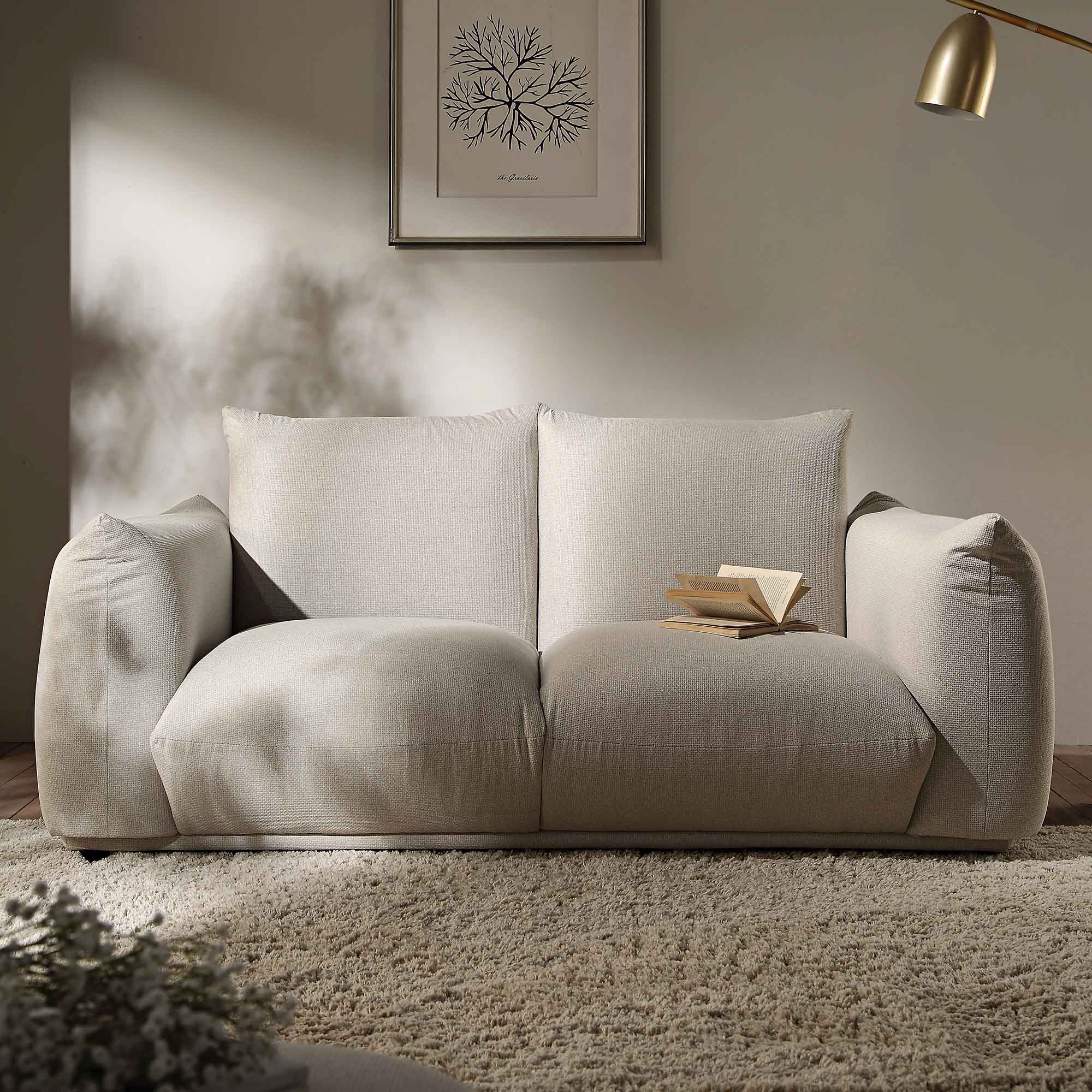 Two Seater Sofa in Beige Woven Fabric with Clean Lines