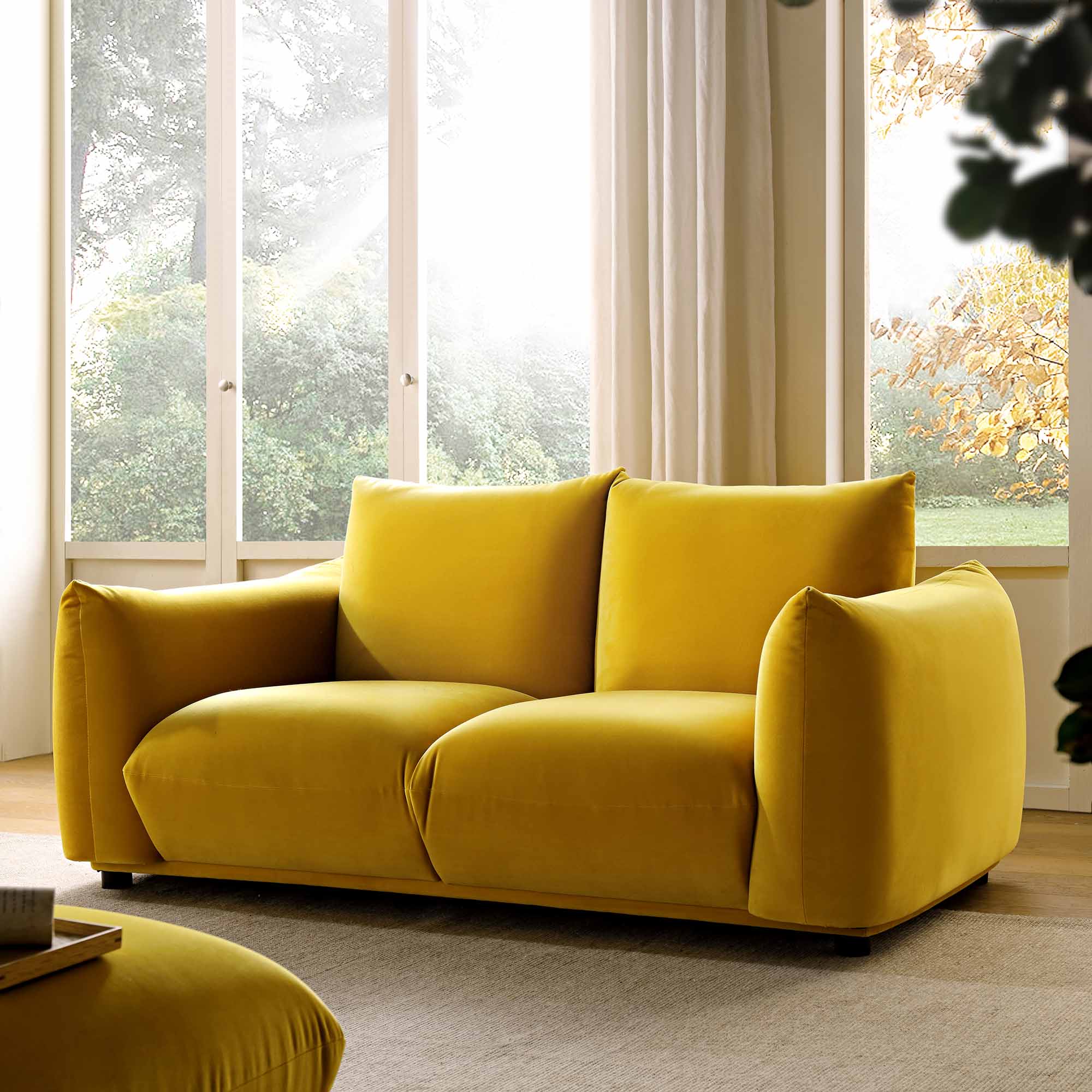 Two Seater Sofa in Goldenrod Velvet with Rolled Arms