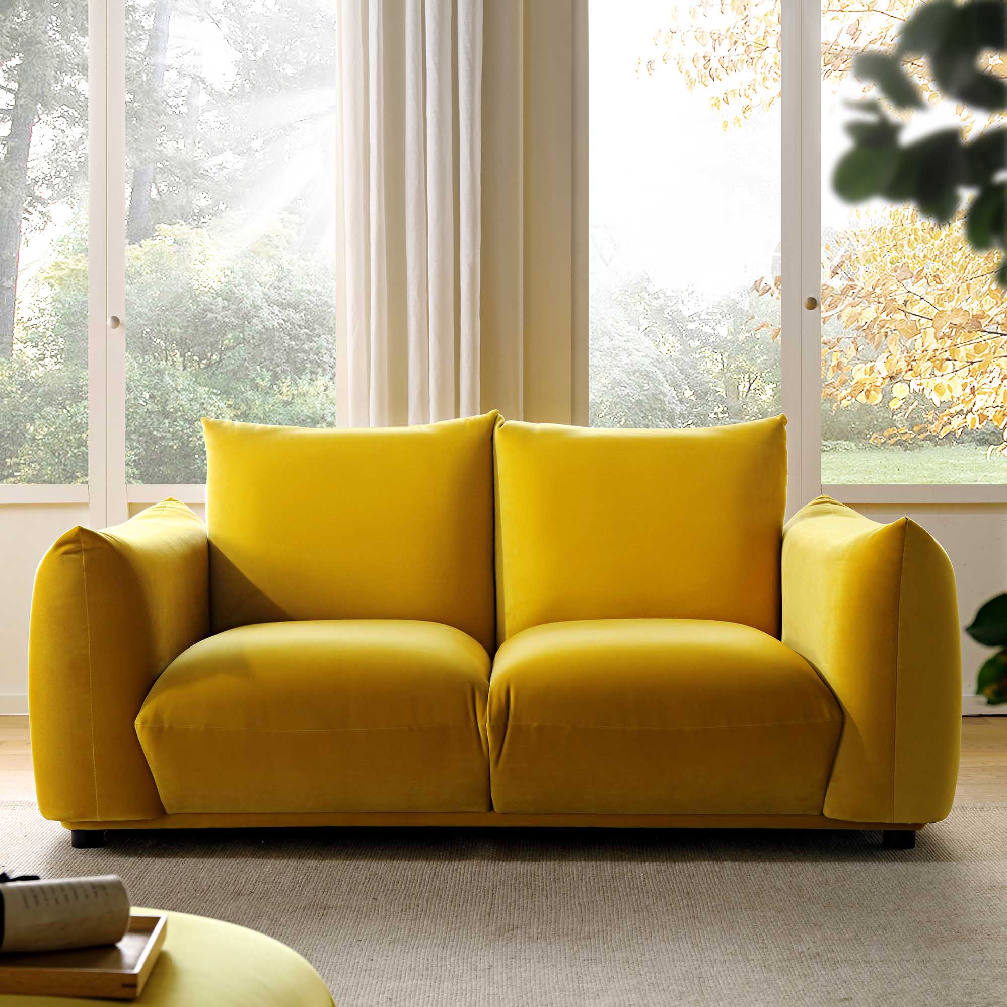 Two Seater Sofa in Goldenrod Velvet with Rolled Arms