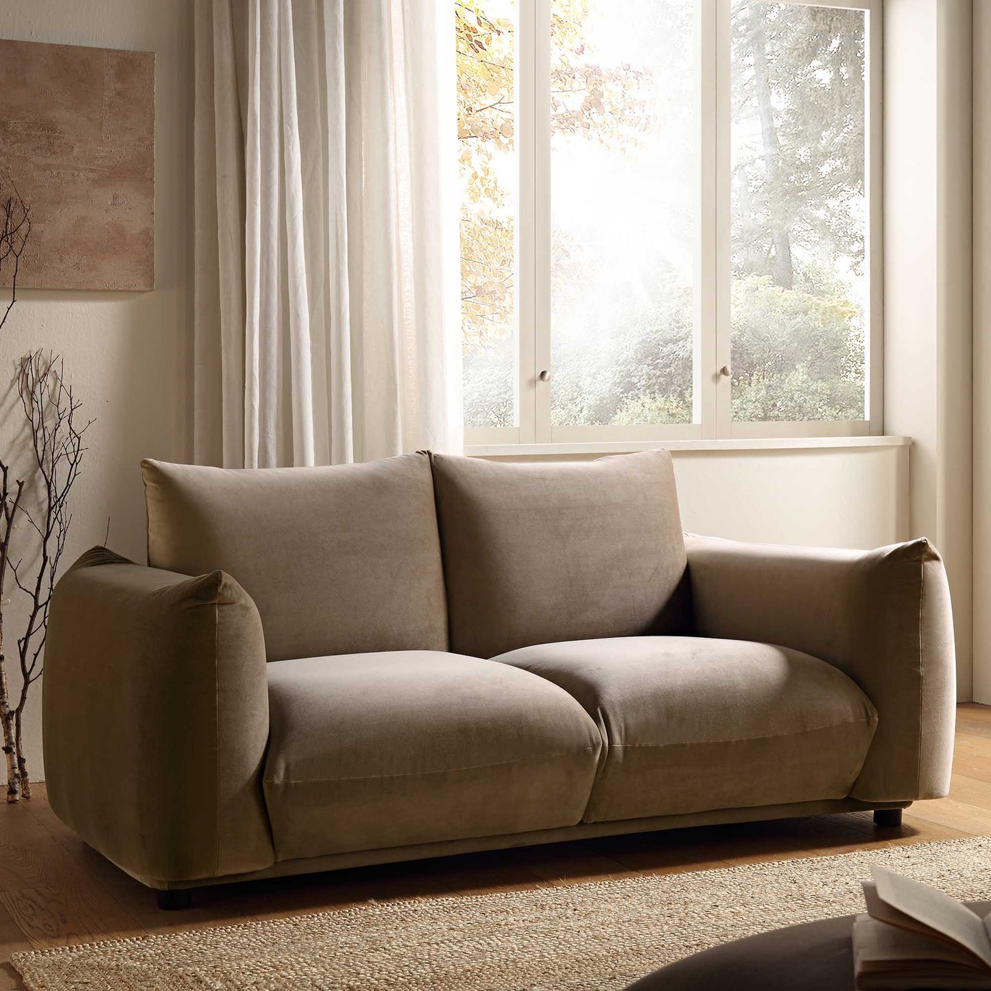 Two Seater Sofa in Mink Velvet with Sleek Lines