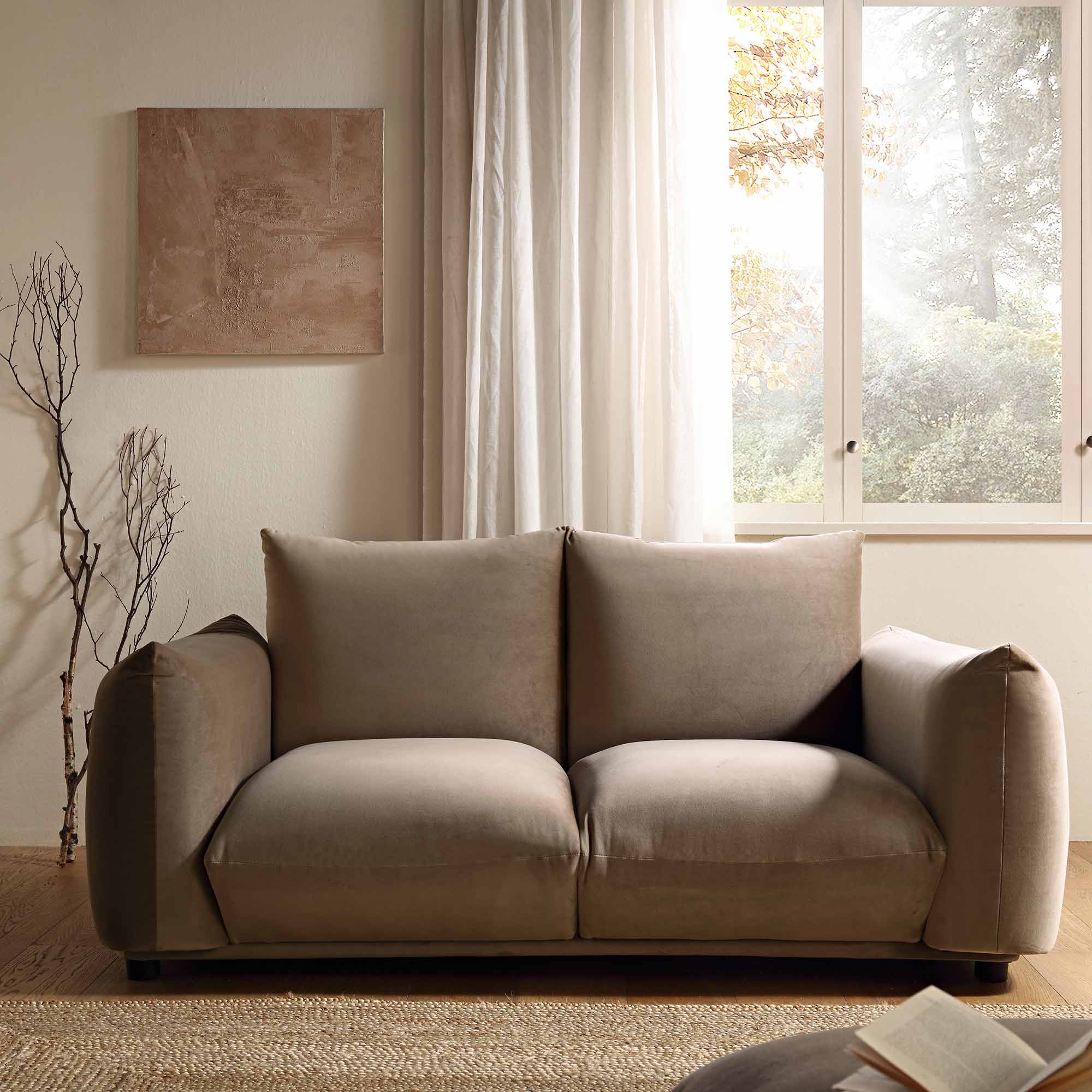 Two Seater Sofa in Mink Velvet with Sleek Lines