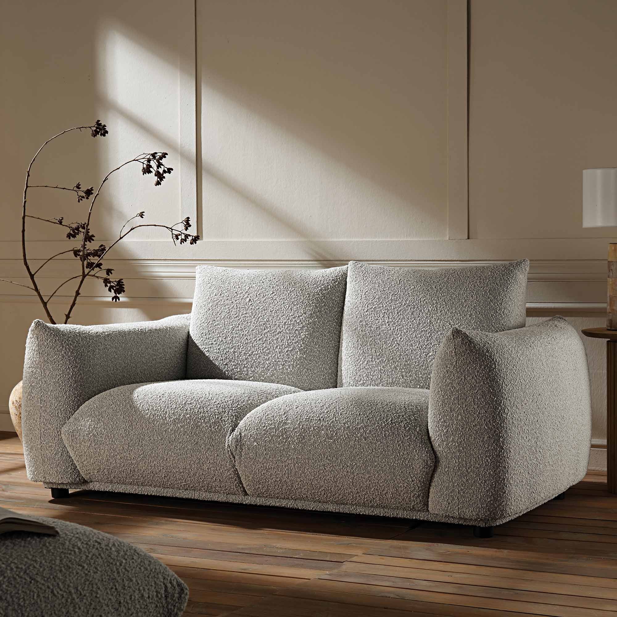 Two Seater Sofa in Mist Grey Boucle with Rounded Arms