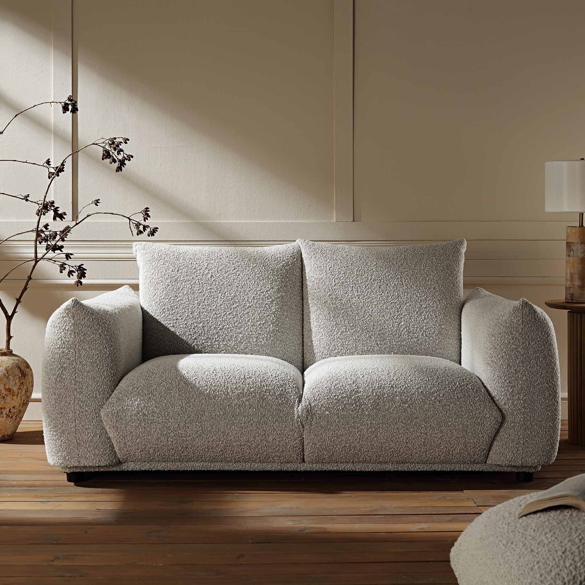 Two Seater Sofa in Mist Grey Boucle with Rounded Arms