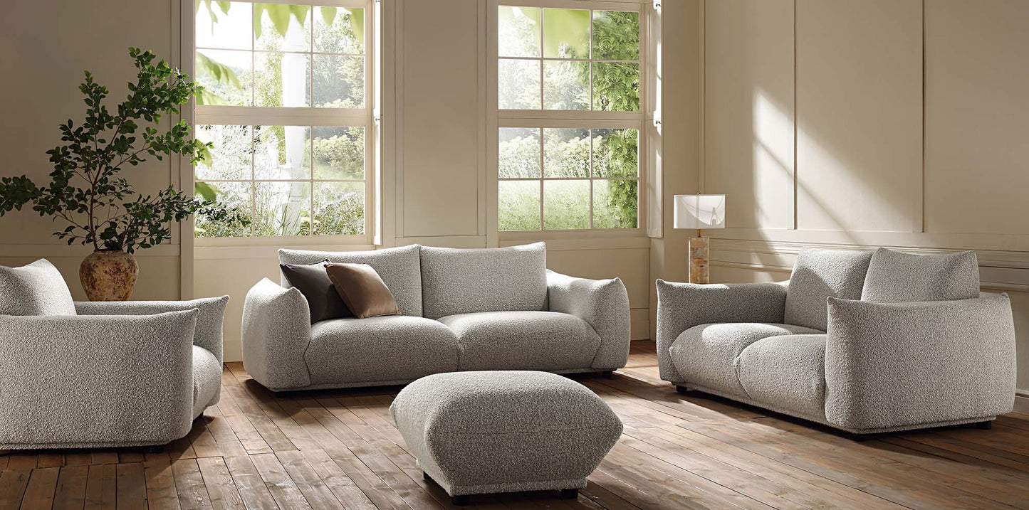 Two Seater Sofa in Mist Grey Boucle with Rounded Arms